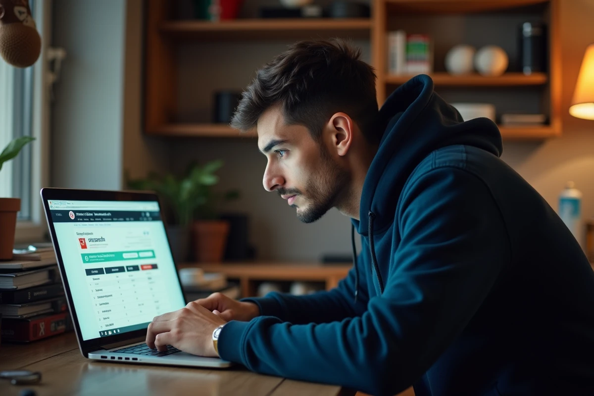 Jeune homme algérien consultant le site Competition.dz sur son ordinateur portable pour suivre les résultats sportifs