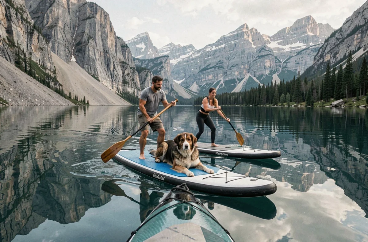 Couple et grand chien mixte sur un SUP tandem sur un lac de montagne avec reflets alpins