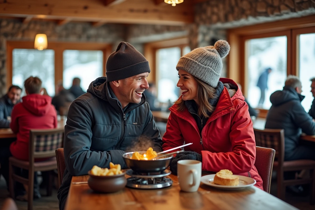 Couple en ski dégustant une fondue dans une cabane alpine