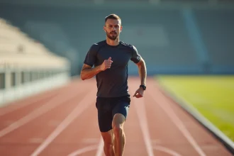 Coureur masculin en plein effort sur une piste d'athlétisme rouge, illustrant le calcul de vitesse en course à pied