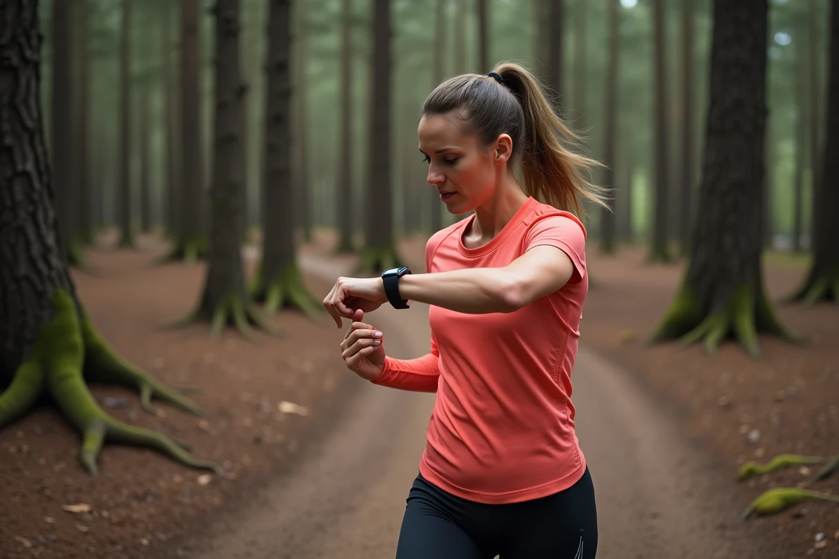 Coureuse consultant sa montre GPS sur un sentier forestier pour vérifier son allure en min/km