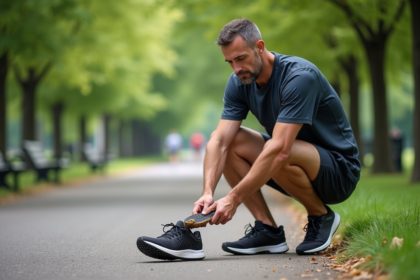 Homme courant examine la semelle usée de sa chaussure de course