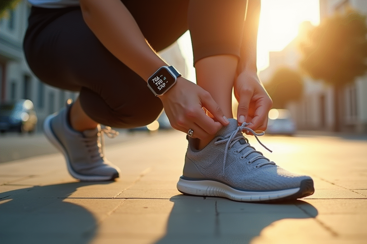 Personne nouant ses chaussures de course sur un trottoir en ville avec montre connectée