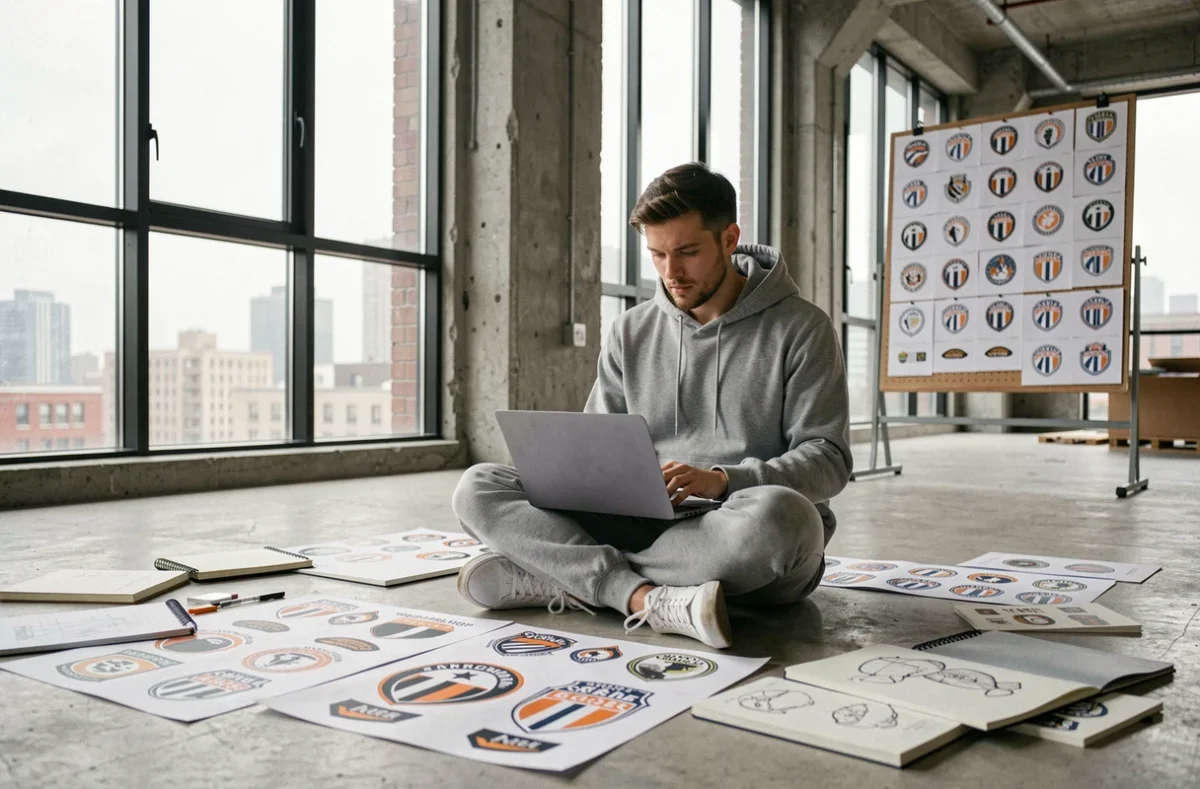 Créateur de contenu entouré de maquettes de logos de clubs de football dans un appartement loft industriel