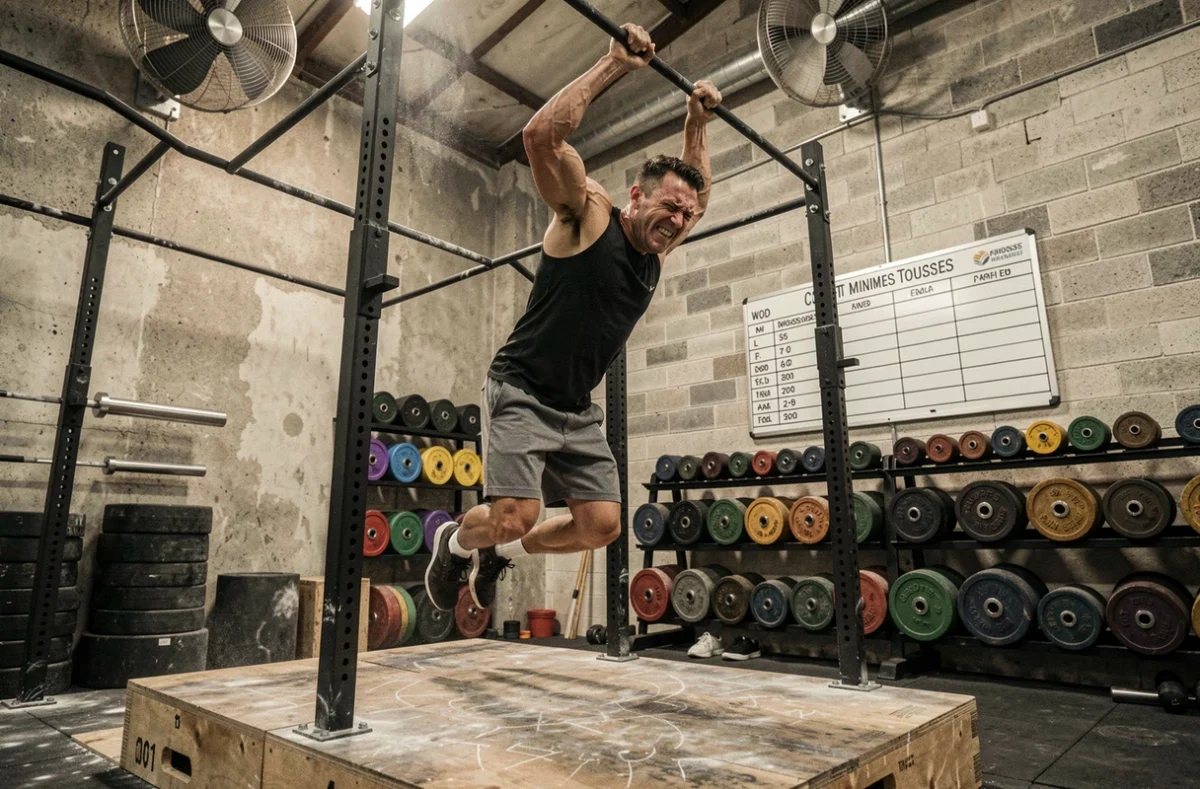 Box CrossFit Minimes Toulouse avec athlète masculin réalisant des tractions sur barre dans un espace industriel