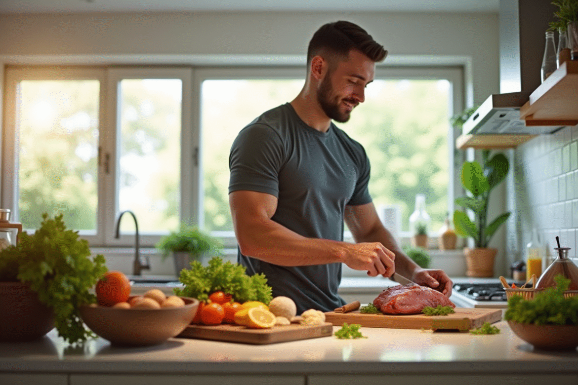 Jeune homme préparant un repas sain dans une cuisine lumineuse