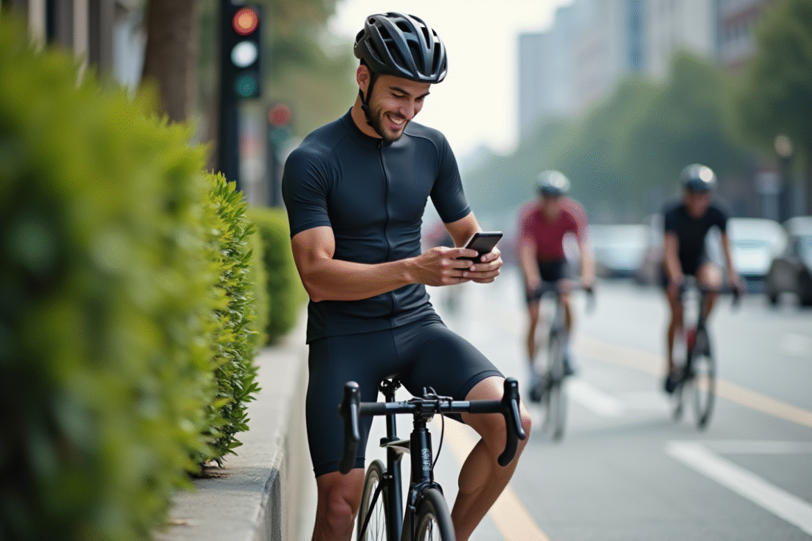 Jeune homme en ville vérifiant son application vélo