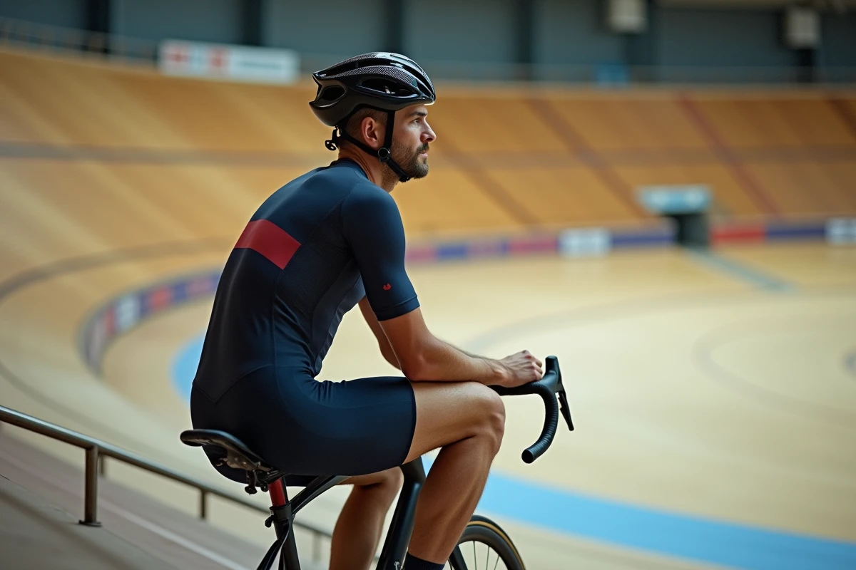 Cycliste homme en velodrome en contemplation