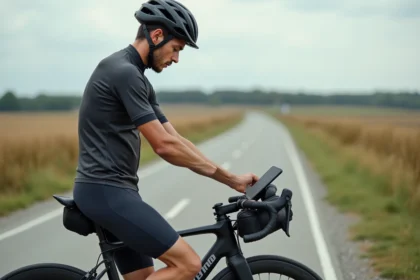 Jeune homme cycliste ajustant son smartphone sur un vélo en campagne
