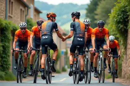 Groupe de cyclistes en campagne française lors d'une négociation