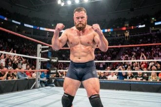 Catcheur professionnel barbu en tenue de combat dans un ring de lutte WWE, pose de victoire poings levés devant une foule en arène