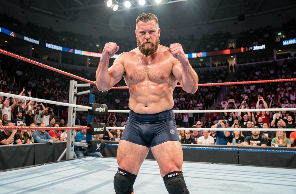 Catcheur professionnel barbu en tenue de combat dans un ring de lutte WWE, pose de victoire poings levés devant une foule en arène