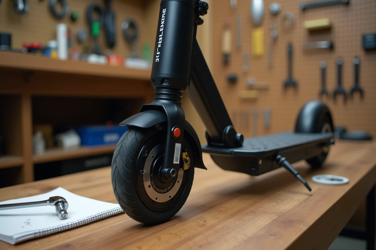 Gros plan sur le mécanisme de pliage et les commandes de la trottinette Urban Glide 140 sur un établi