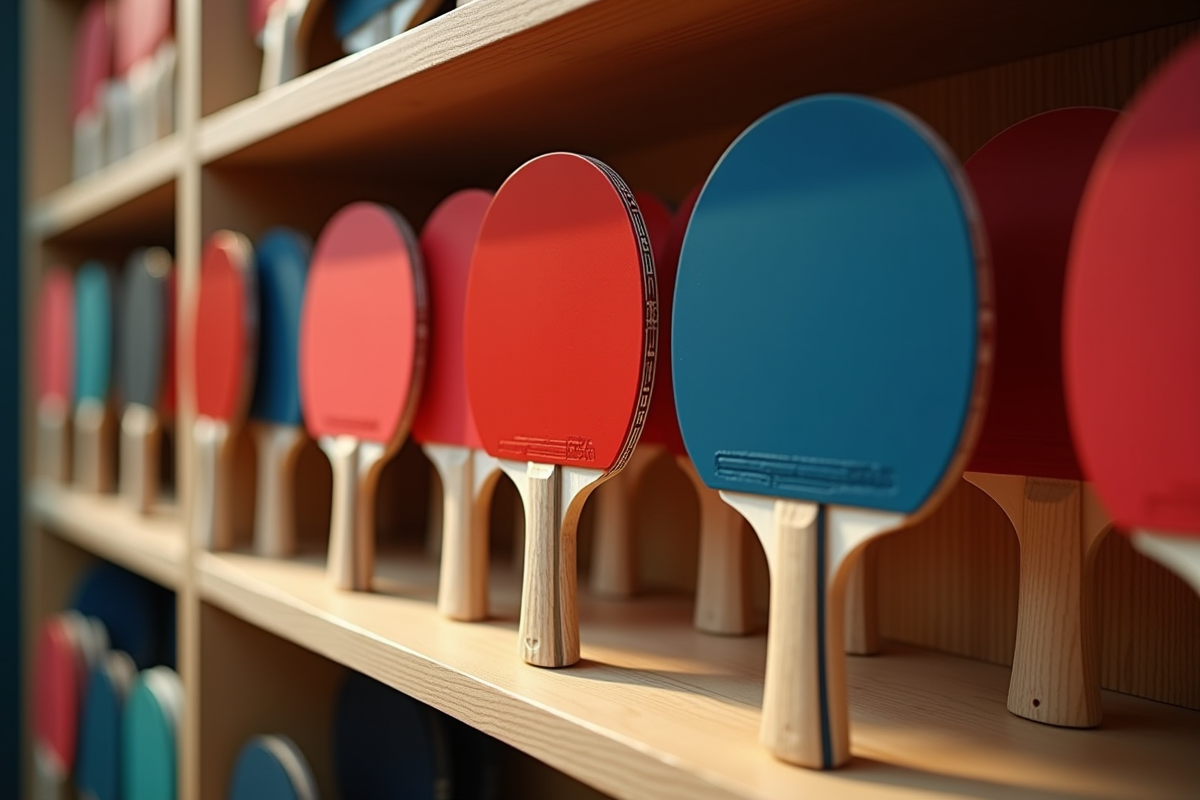 Plusieurs raquettes de tennis de table modernes sur une étagère en bois