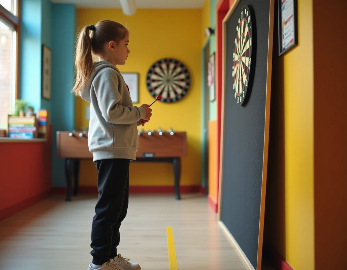 Adolescente respectant la distance réglementaire pour les fléchettes dans une salle de loisirs pour jeunes