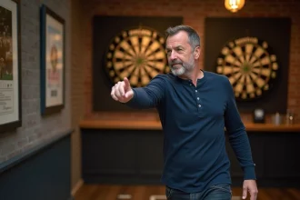 Adulte lançant des fléchettes depuis la ligne de tir réglementaire dans une salle de jeux à domicile