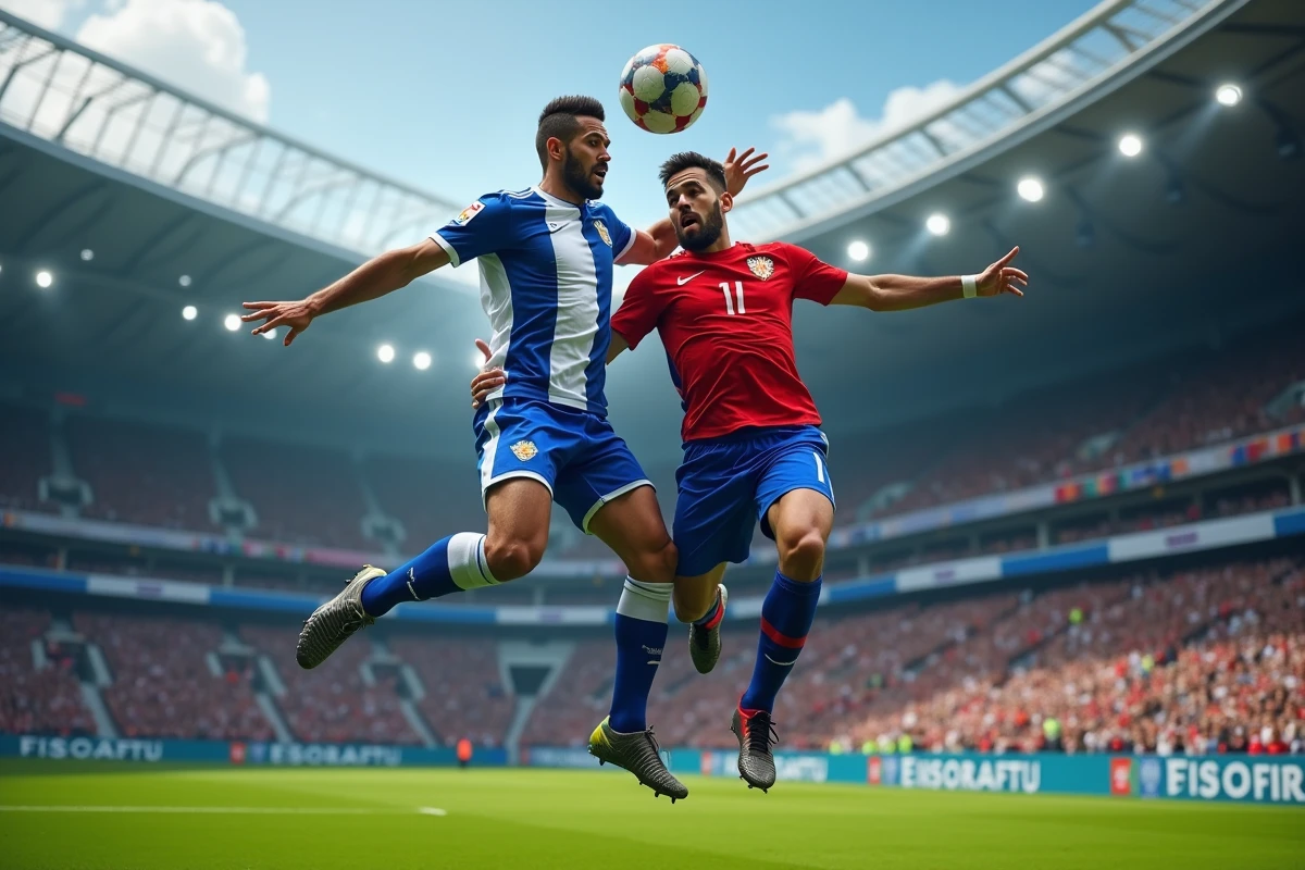 Duel aérien entre joueurs lors d'un match du FC Porto, illustrant les forces physiques et tactiques du club en compétition