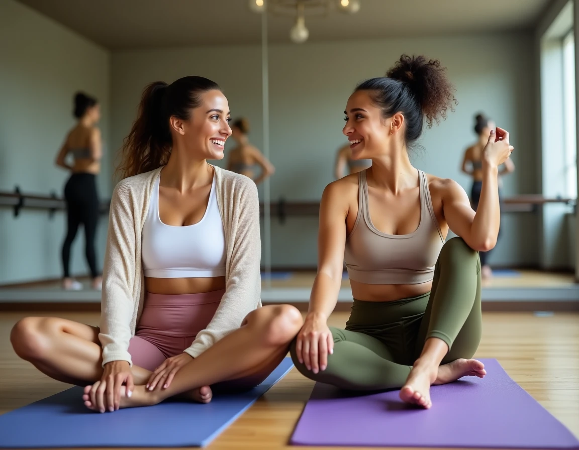 Deux femmes s'étirant ensemble dans un studio de gym lors d'une séance de Pilates, représentant le soutien social comme moteur de motivation sur la durée