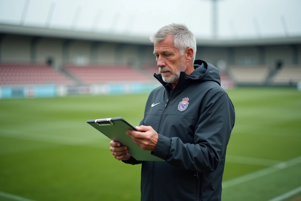 Entraîneur de l'AS Roma analysant des notes tactiques sur le bord du terrain d'entraînement à Rome