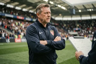 Entraîneur de football professionnel analysant la composition tactique avant le Classique PSG-OM en bord de terrain