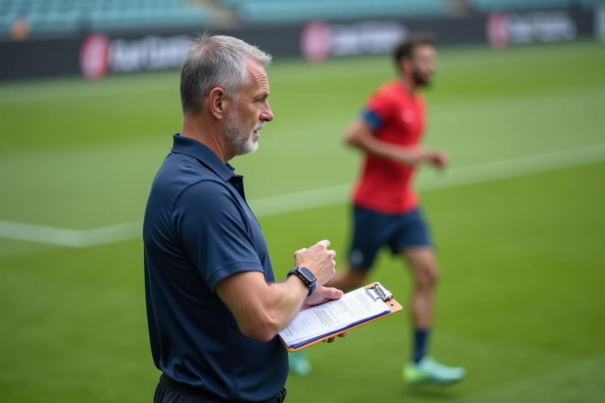 Entraîneur de football analysant les données de vitesse de course de ses joueurs lors d'une séance d'entraînement sur terrain