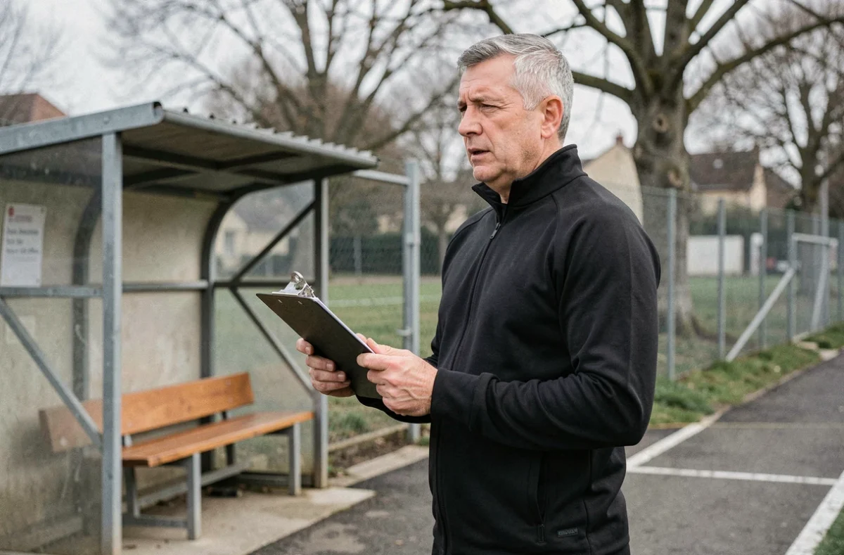 Entraîneur du Football Club Versailles 78 sur le bord du terrain avec clipboard tactique lors d'une séance d'entraînement