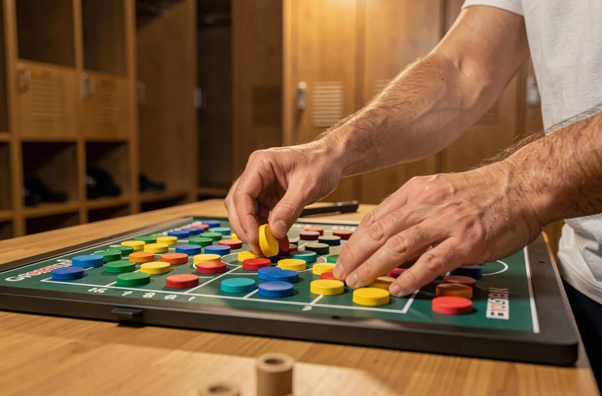 Entraîneur plaçant des aimants sur un tableau tactique de football