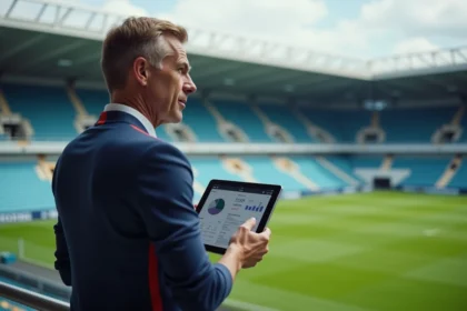 Entraineur en jersey bleu avec tablette sur le terrain