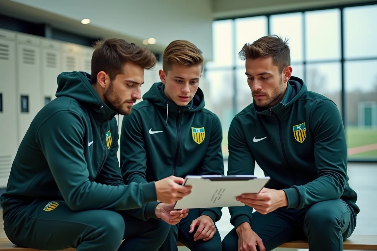 Entraîneur du FC Nantes analysant des tactiques avec de jeunes joueurs du centre de formation