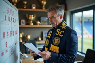 Jeune entraîneur de football en costume avec écharpe Nantes devant tableau tactique