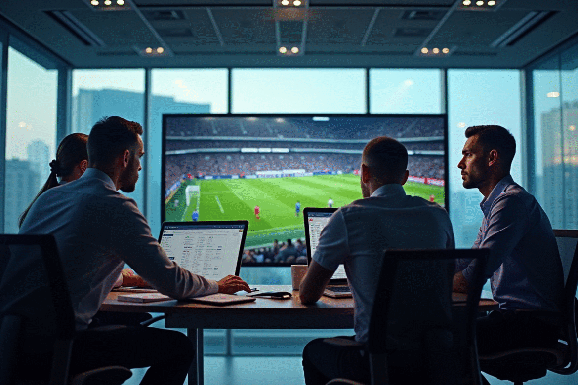 Équipe d'analystes sportifs dans une salle moderne avec grands écrans