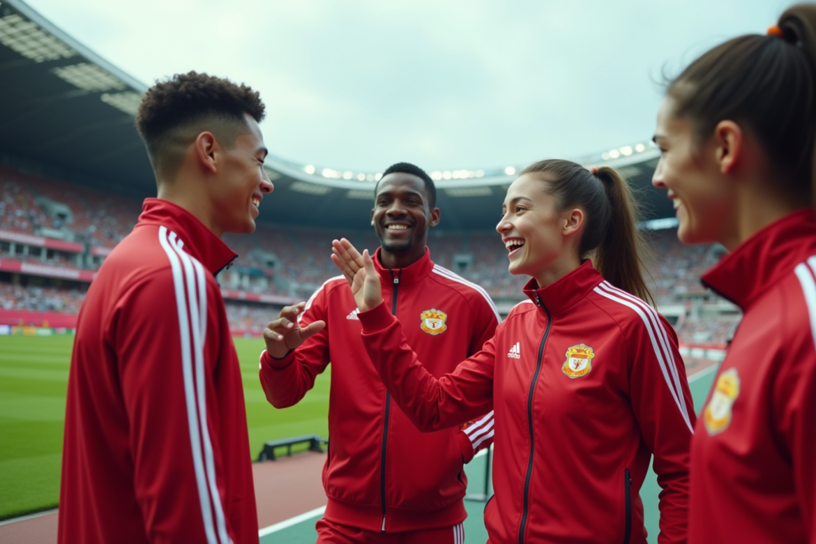 Groupe d'athletes multietniques célébrant ensemble dans un stade olympique