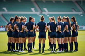 Groupe de joueurs de rugby en discussion en plein air