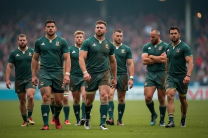 Groupe de joueurs de rugby déçus sortant du terrain