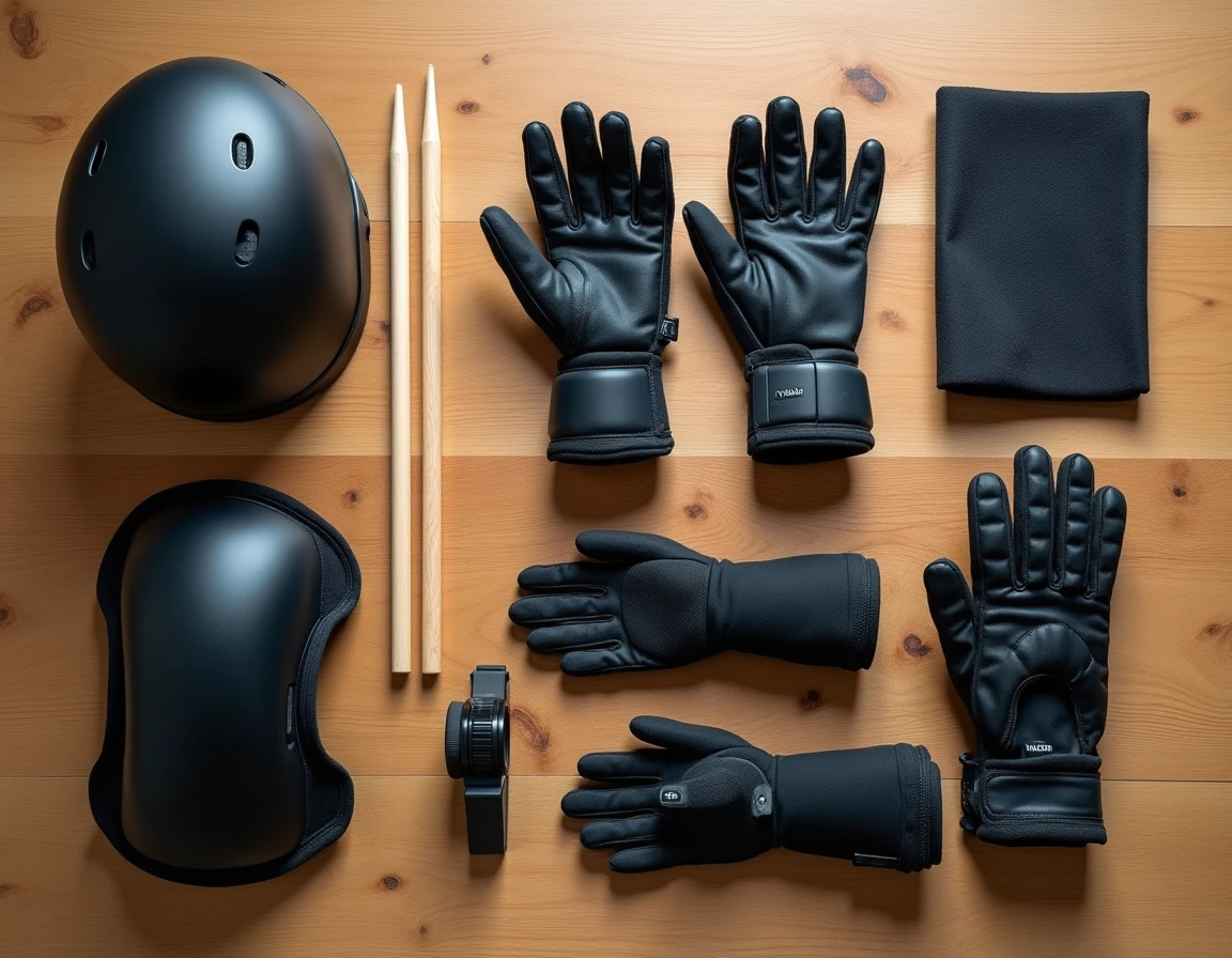 Vue de dessus du matériel de protection complet pour batteur incluant gants, casque, pads et protège-poignets sur fond en bois