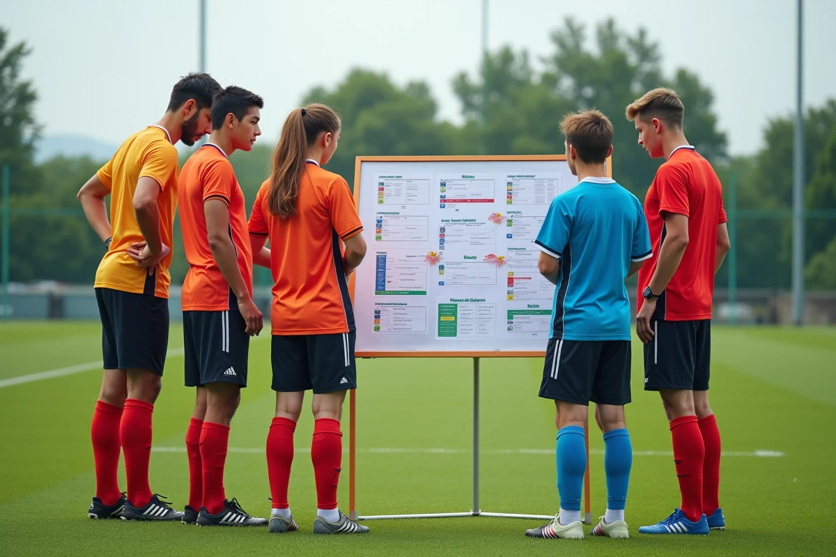 Groupe de jeunes footballeurs regardant un planning
