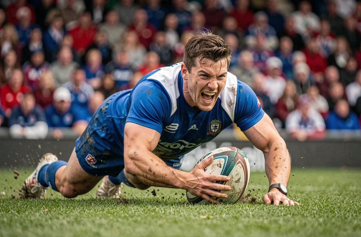 Ailier de rugby en train de marquer un essai lors d'un match international, illustrant l'impact des performances sur le salaire du joueur