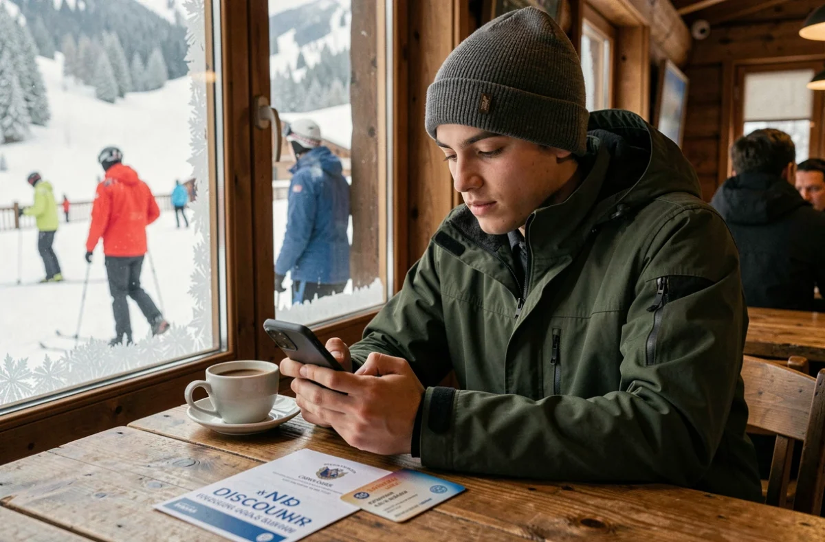 Étudiant consultant les réductions de forfait ski sur son téléphone dans un chalet des Deux Alpes