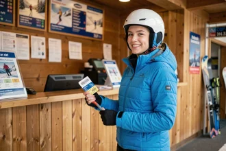 Étudiante souriante récupérant son forfait de ski aux Deux Alpes au guichet de la station