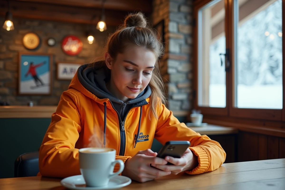 Étudiante consultant son forfait ski sur smartphone dans un chalet alpin aux Arcs
