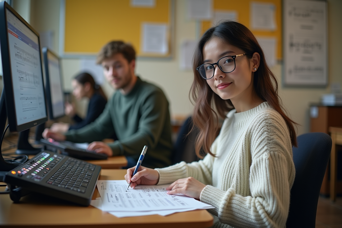 Femme étudiante en musique prenant des notes au bureau