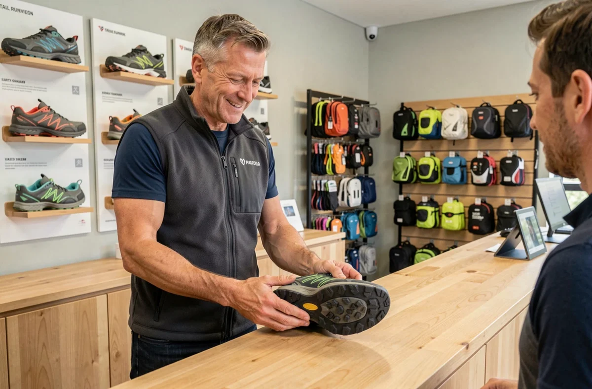 Expert en chaussures de trail conseillant un client dans une boutique spécialisée trail running