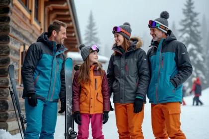Famille multigénérationnelle en tenue de ski devant un chalet aux Arcs, forfait ski famille