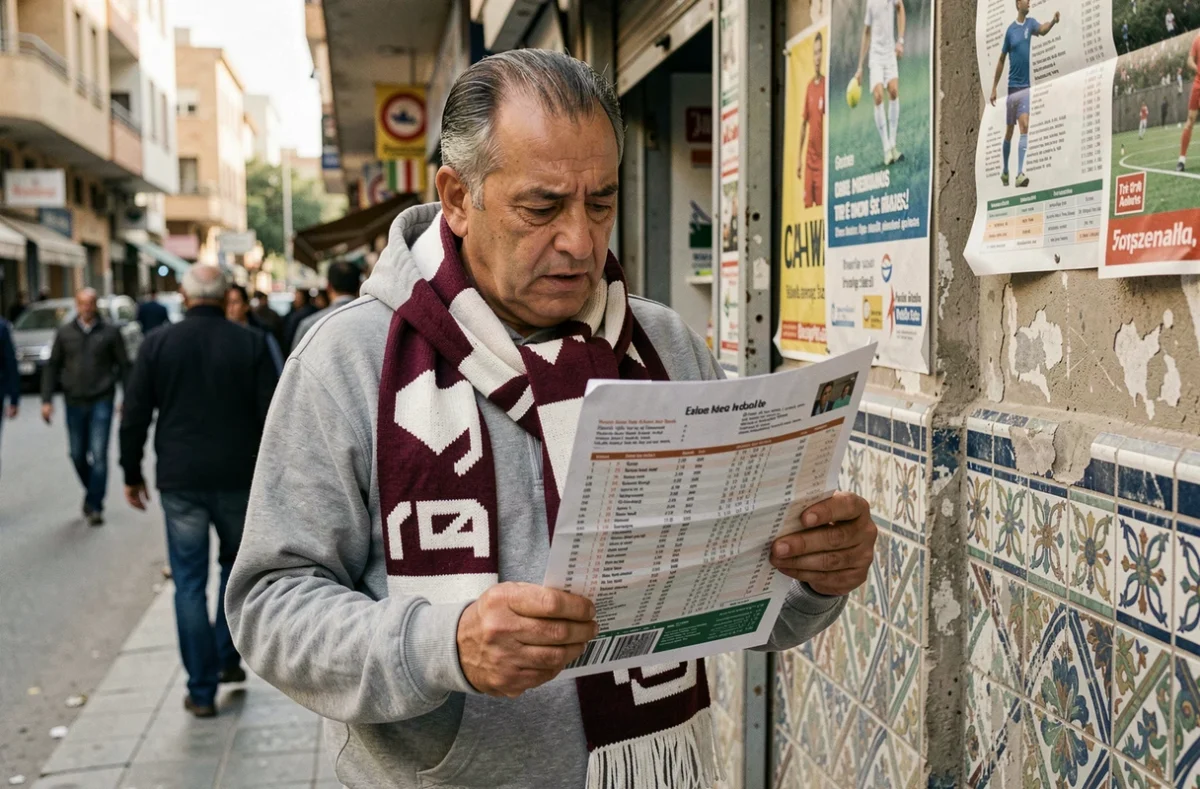 Fan du CRB Belouizdad consultant un calendrier de matchs imprimé devant un kiosque à journaux en Algérie