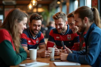 Fans de rugby discutant autour d une table dans un café
