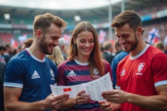 Groupe de fans de rugby avec drapeaux lors d'un match