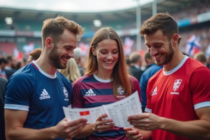 Groupe de fans de rugby avec drapeaux lors d'un match