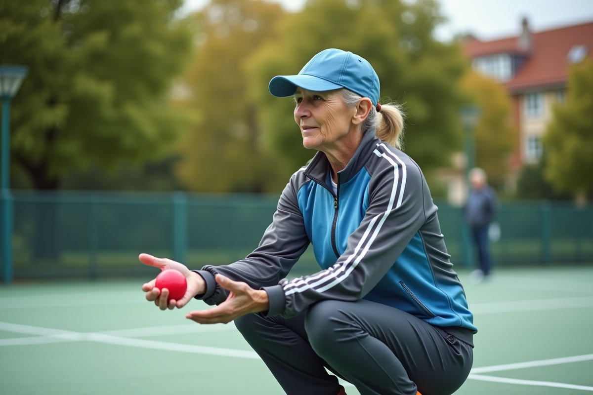 Femme boccia lançant une boule dans un parc urbain