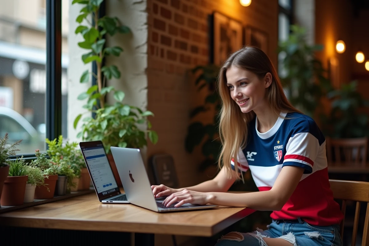 Jeune femme en jersey rugby au café avec ordinateur