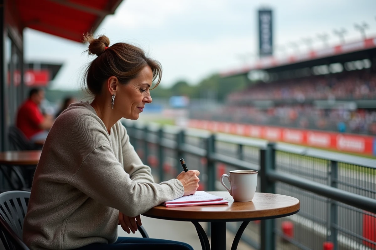 Femme assise au café regardant la course au Hungaroring